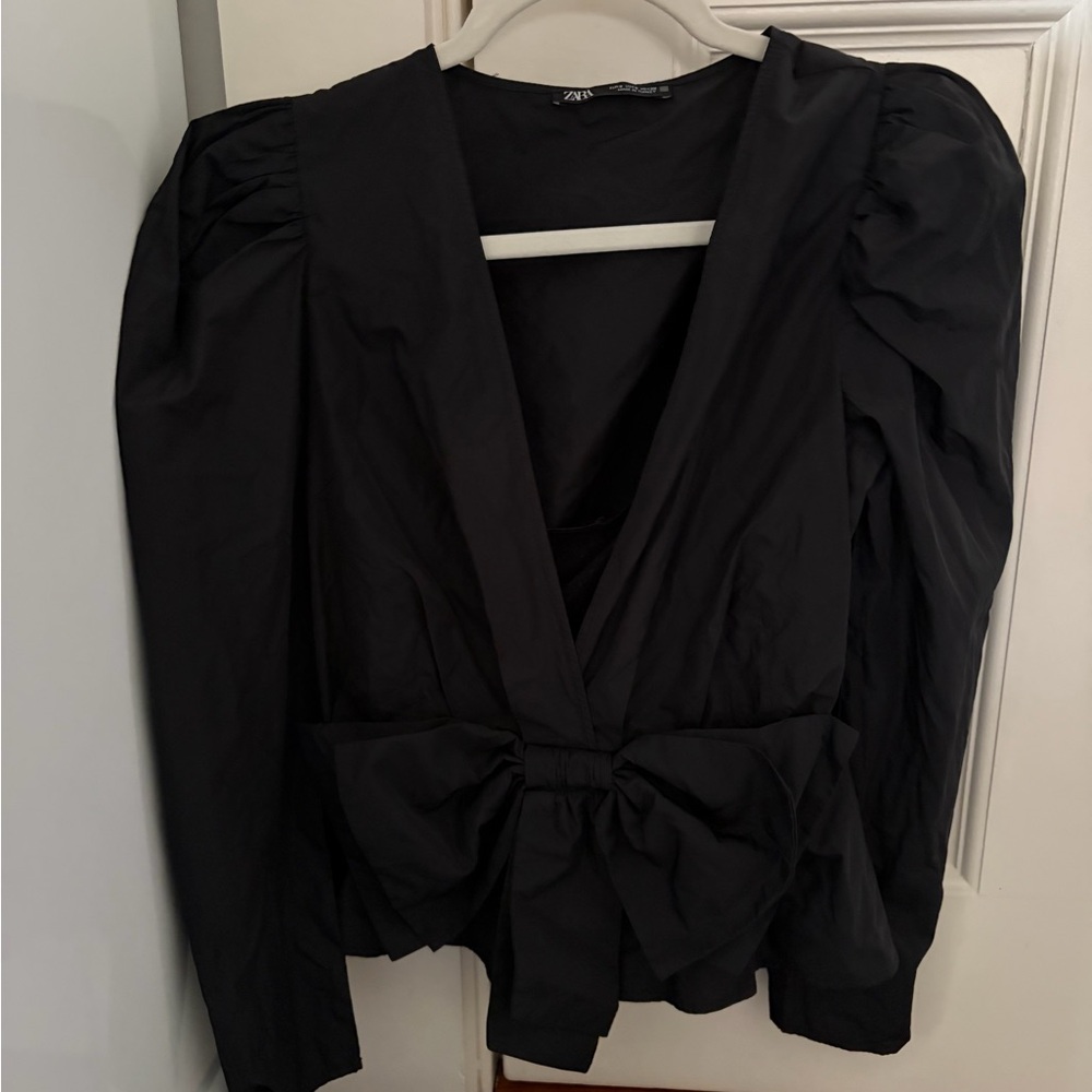 Zara Black Puff-Sleeve Wrap Blouse with Front Bow